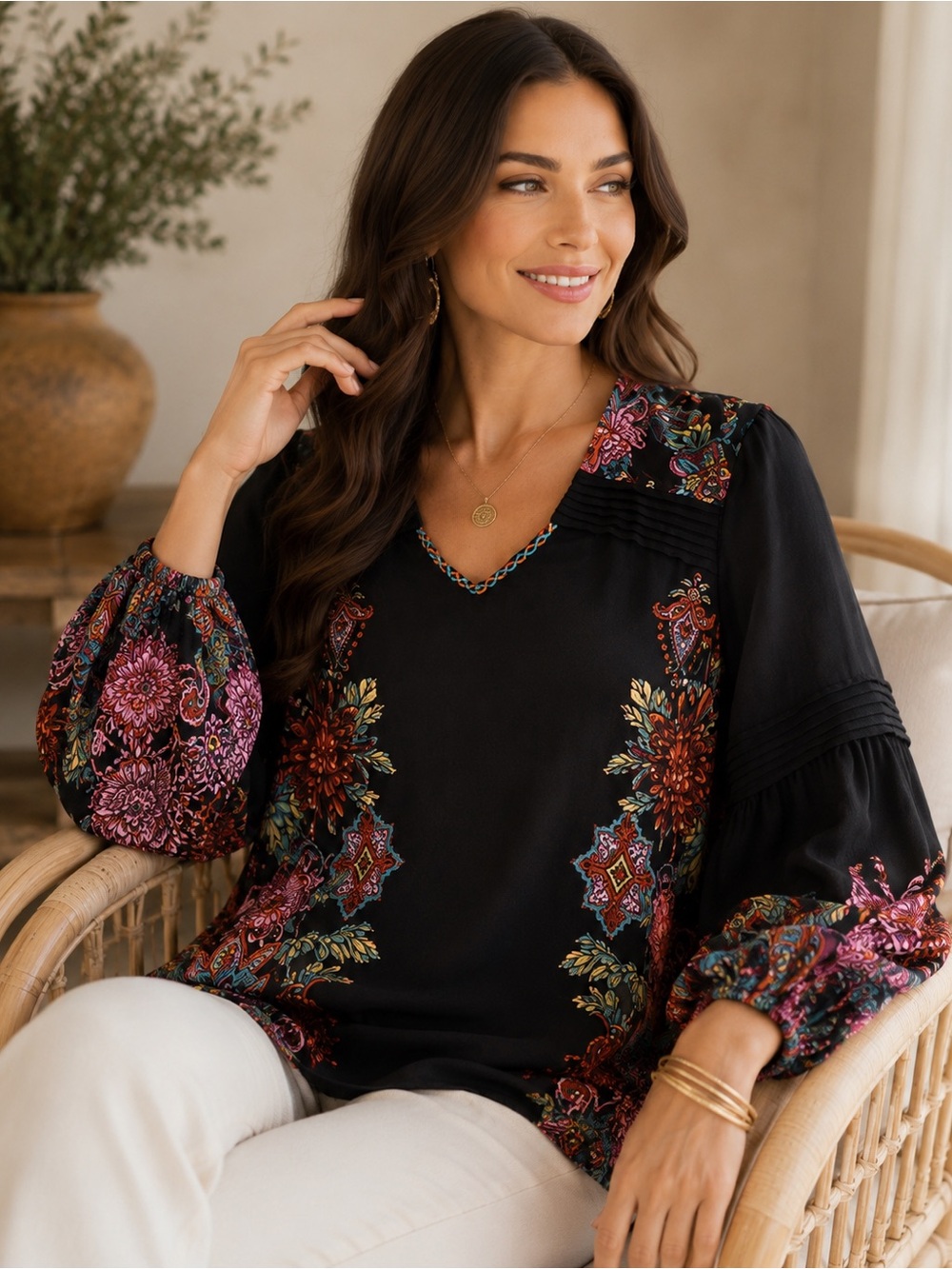 John Mark NWT Floral Paisley Peasant Blouse Pintuck Boho Top XS Cottagecore